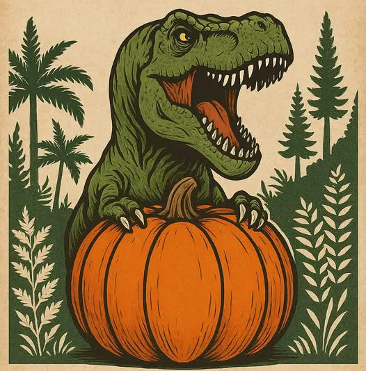 graphic of t-rex in muted colours