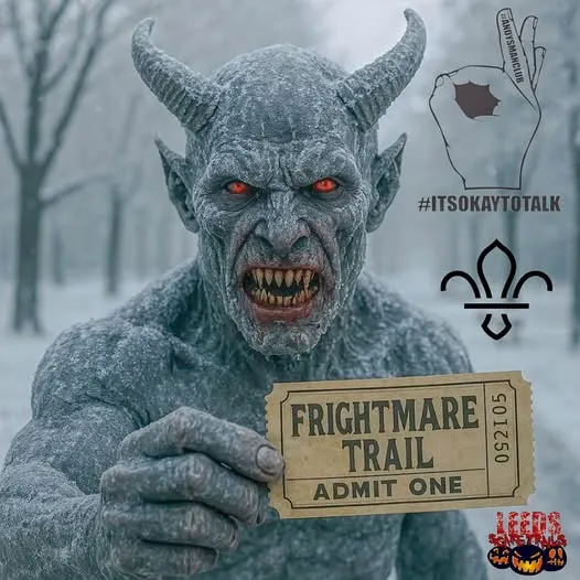 Spooky character holding a frightmare trail ticket