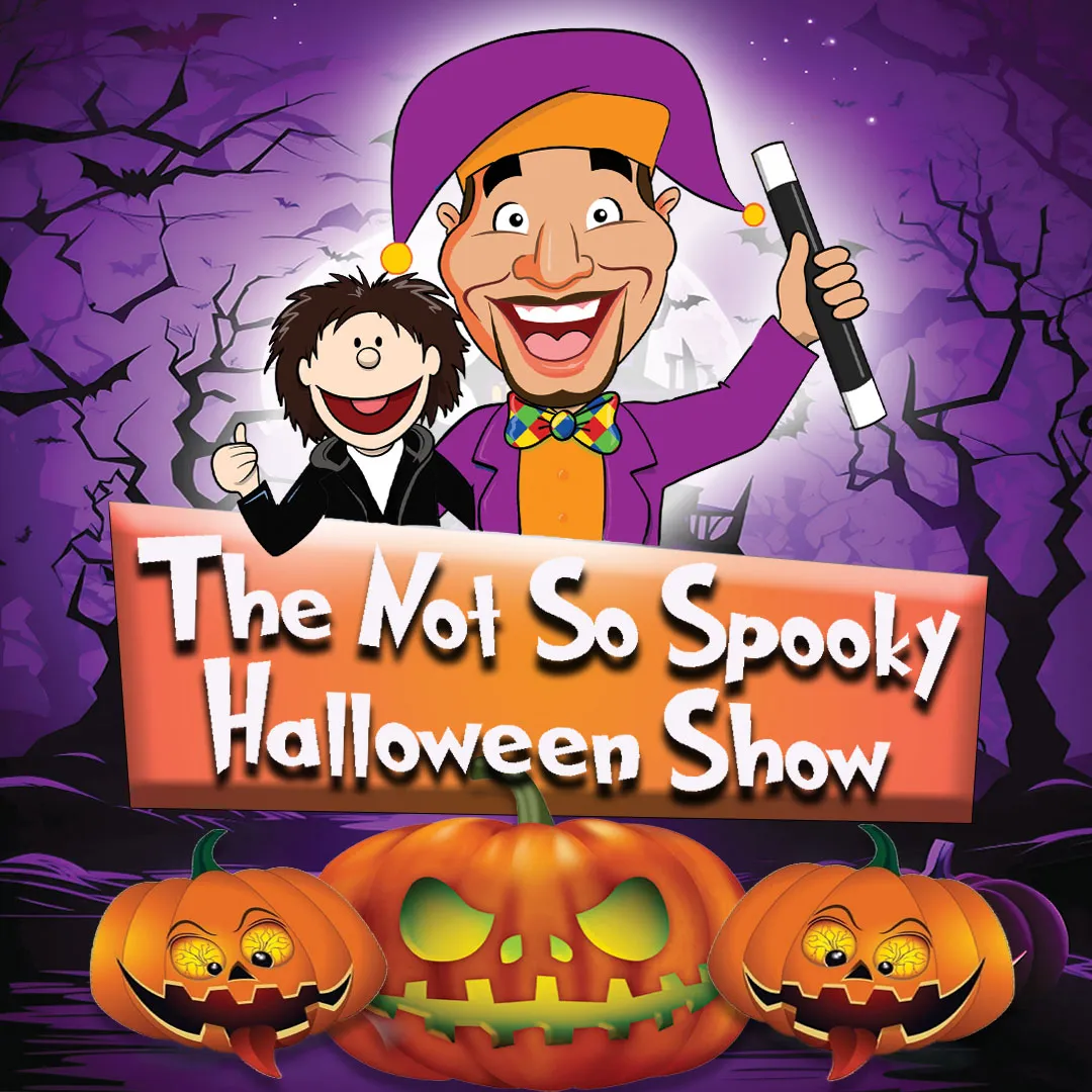 cartoon style graphic of Magic Mike and his puppet in a halloween style