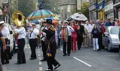 Jazz band marching down a street
