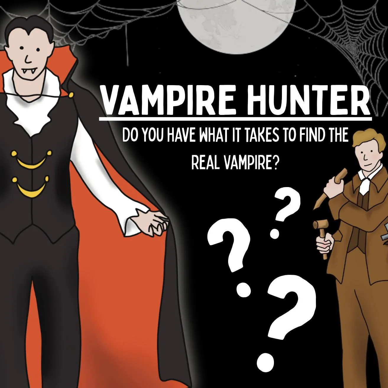 drawing of a dracula like vampire character in a cloak and vampire hunter in a long coat.