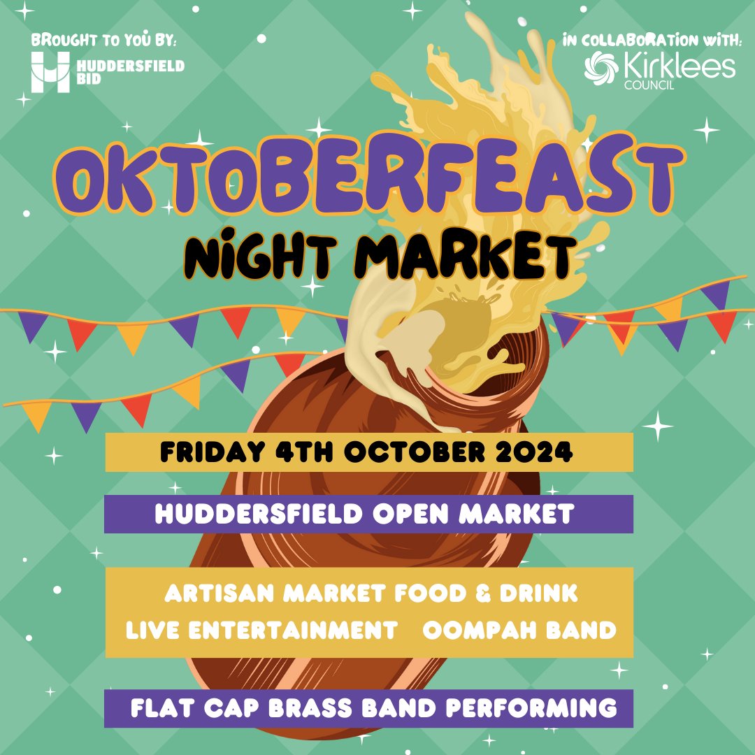 Oktoberfeast night market logo, pale green background with a stein of beer in the middle and deatils of the event in text