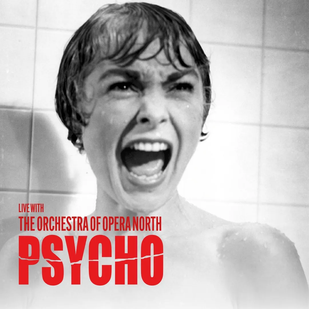 black and white image form psycho of womans face with text in red