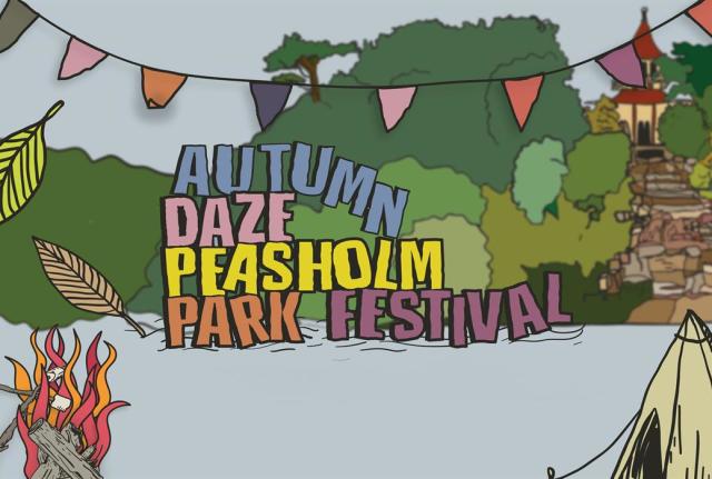 cartoon style graphic of peasholm park with the workds peasholm park autumn daze in bold letters near the centre.