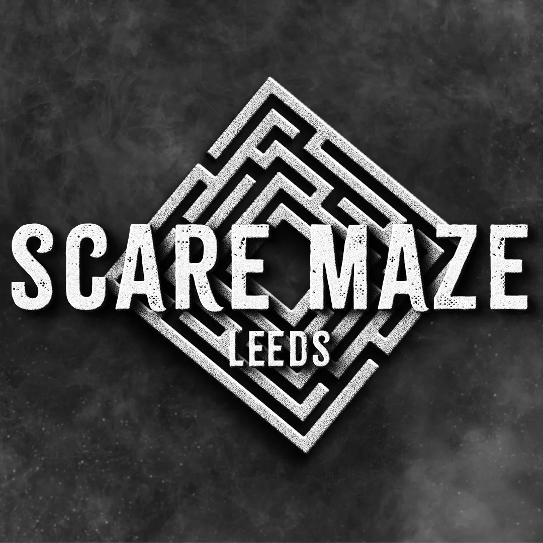 Diagonal maze shape in grey with Leeds Scare Maze printed over the top
