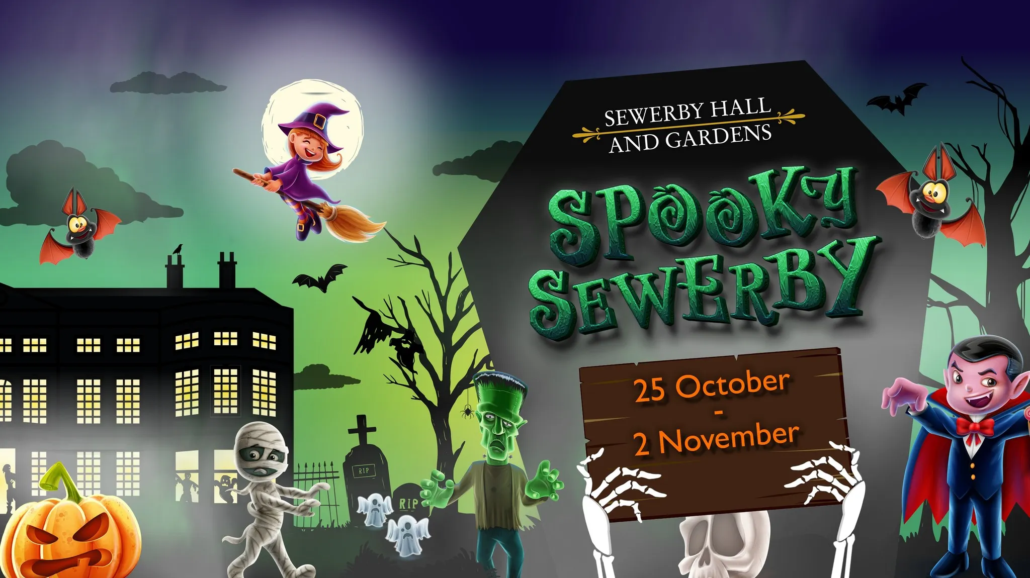 cartoon image of a tombstone with a skeleton holding a card with details of spooky sewerby event, a witch is flying past above a silhoutte of Sewerby Hall