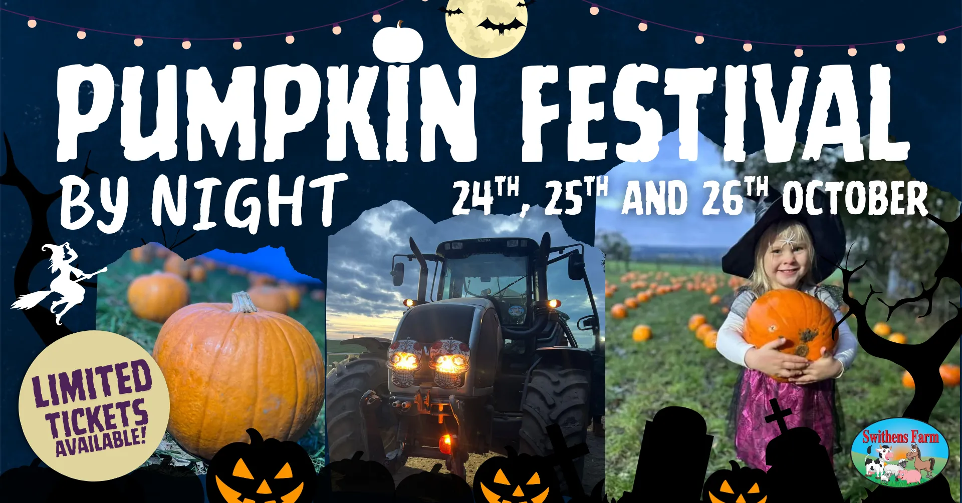 collage of pictures a pumpkin field, tractor at dusk with headlights on and a child dressed as a witch
