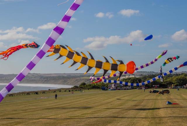 kites flying at the Filey Kite Festival