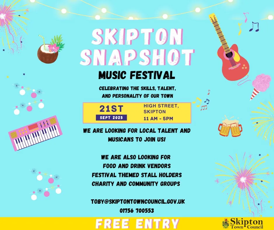 Poster for Skipton Snapshot local music festival, lots of text about the event on a blue background.